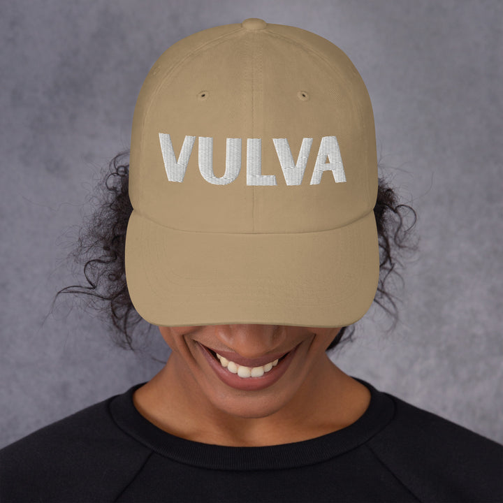 VULVA Dad Cap (White Text), khaki colorway, front view | MOTHERLODE