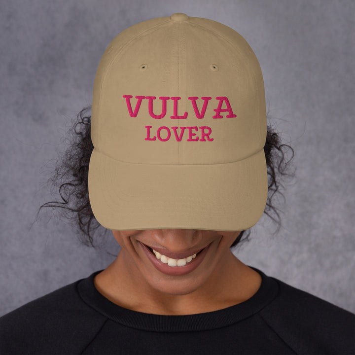 Vulva Lover Dad Cap (Pink Text), khaki colorway, front view | MOTHERLODE