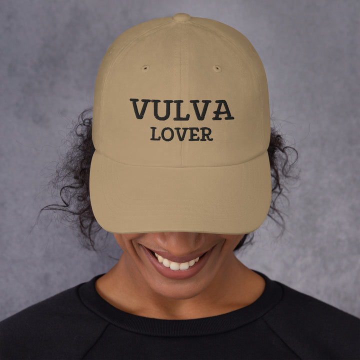 Vulva Lover Dad Cap (Black Text), khaki colorway, front view | MOTHERLODE