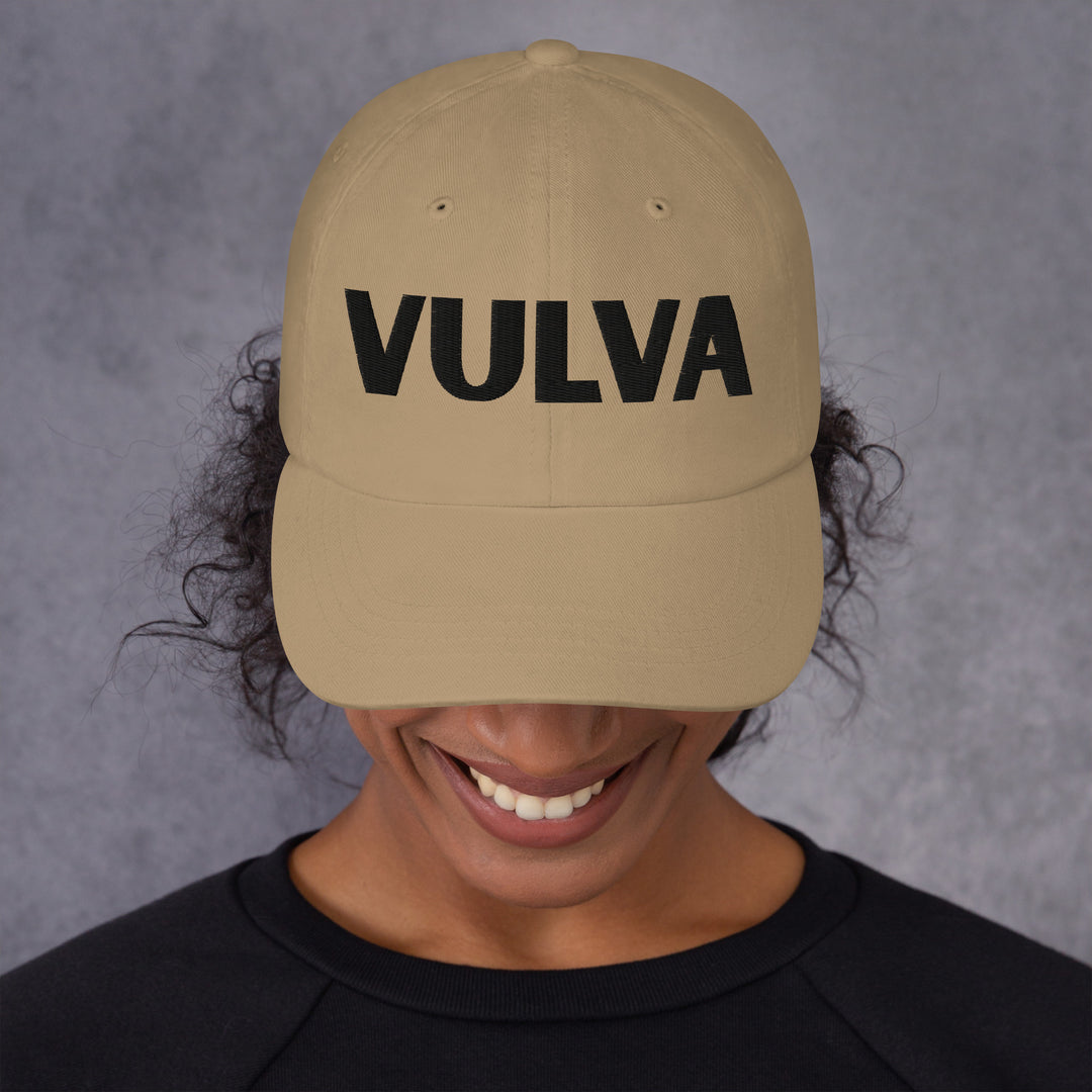 VULVA Dad Cap (Black Text), khaki colorway, front view | MOTHERLODE
