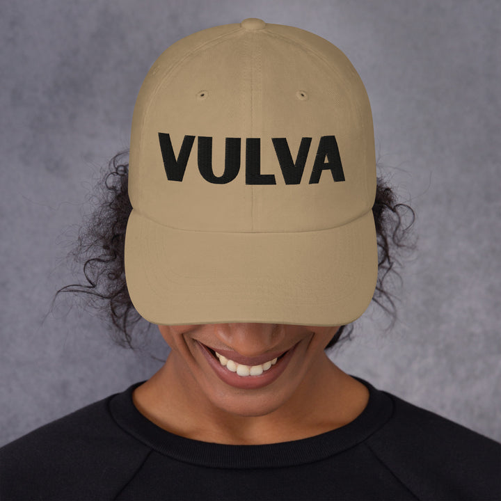 VULVA Dad Cap (Black Text), khaki colorway, front view | MOTHERLODE