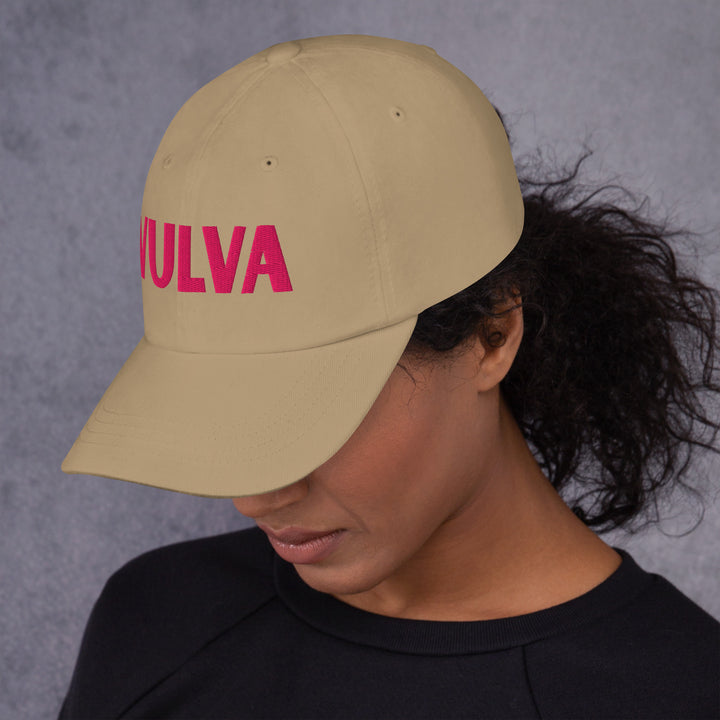 VULVA Dad Cap (Pink Text), khaki colorway, left side view | MOTHERLODE