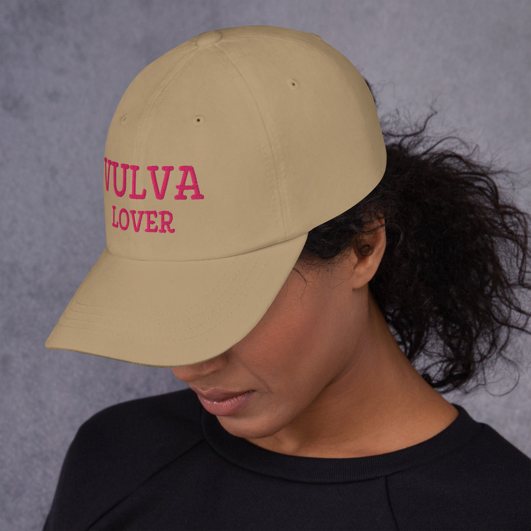 Vulva Lover Dad Cap (Pink Text), khaki colorway, left side view | MOTHERLODE