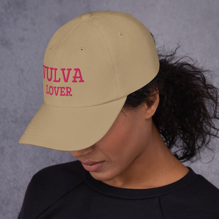 Vulva Lover Dad Cap (Pink Text), khaki colorway, left side view | MOTHERLODE