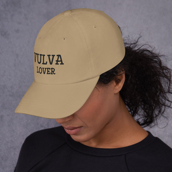 Vulva Lover Dad Cap (Black Text), khaki colorway, left side view | MOTHERLODE