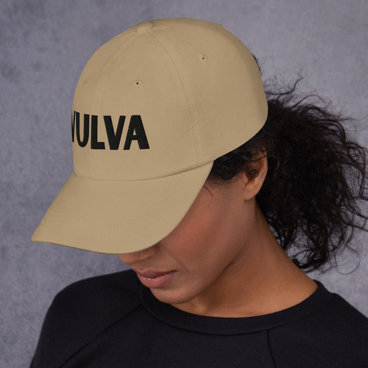 VULVA Dad Cap (Black Text), khaki colorway, left side view | MOTHERLODE