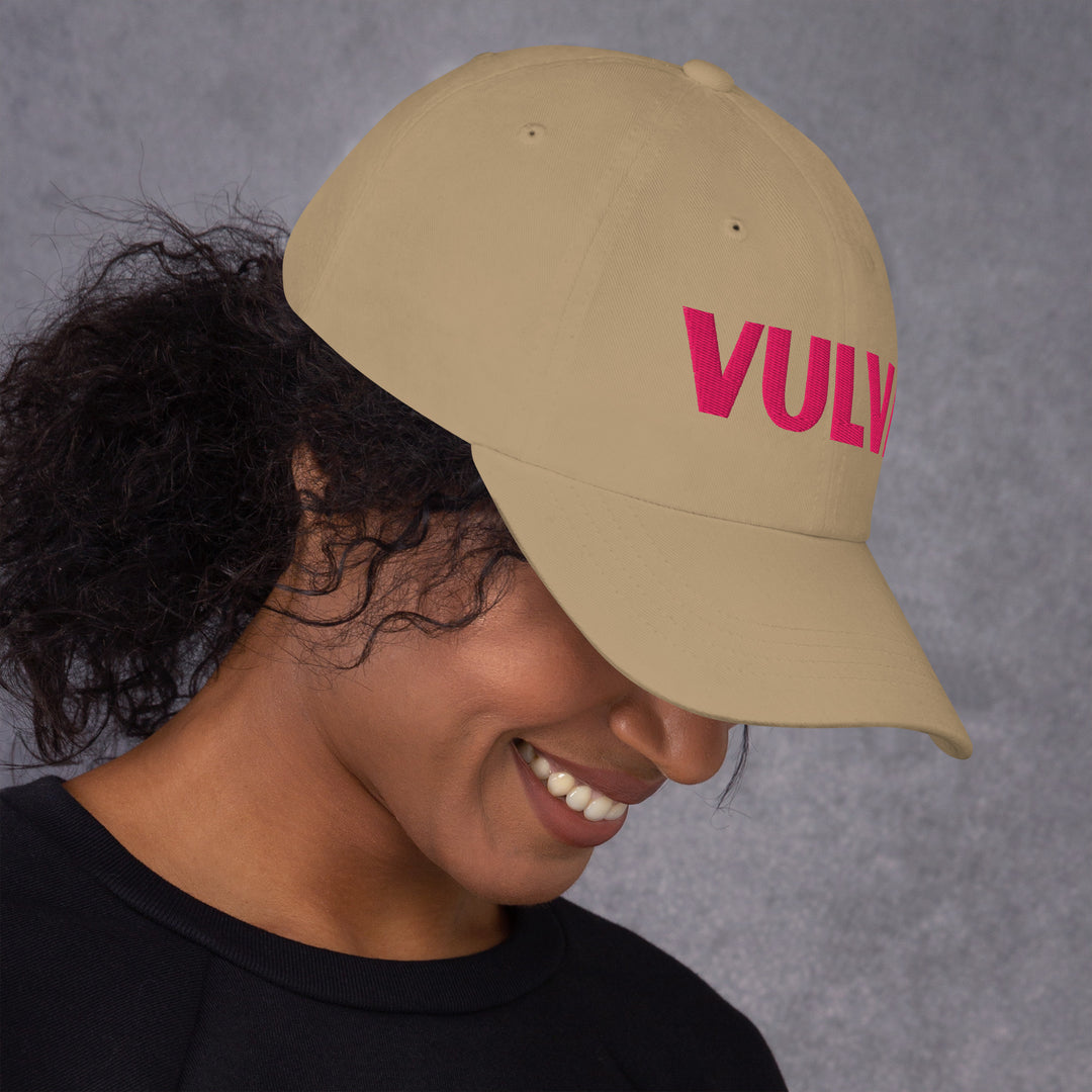 VULVA Dad Cap (Pink Text), khaki colorway, right side view | MOTHERLODE