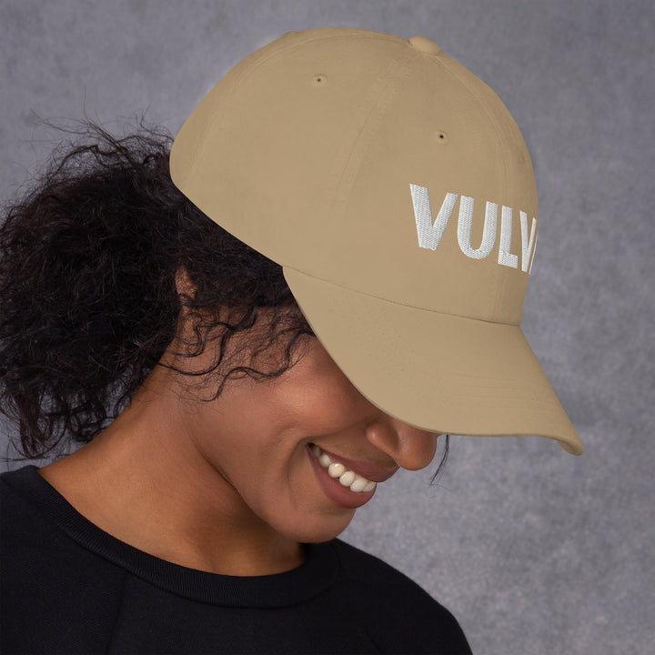 VULVA Dad Cap (White Text), khaki colorway, right side view | MOTHERLODE