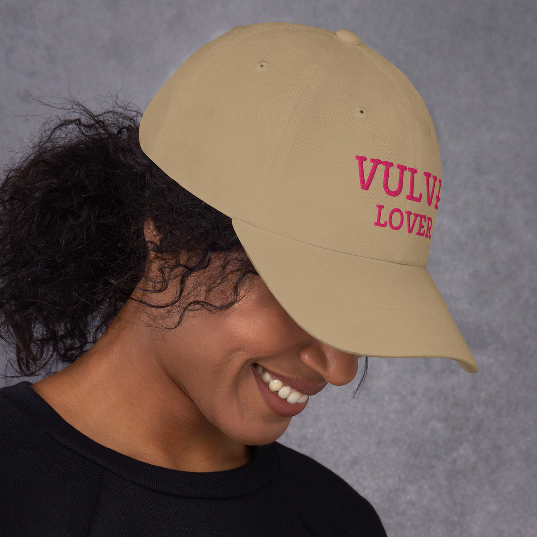 Vulva Lover Dad Cap (Pink Text), khaki colorway, right side view | MOTHERLODE
