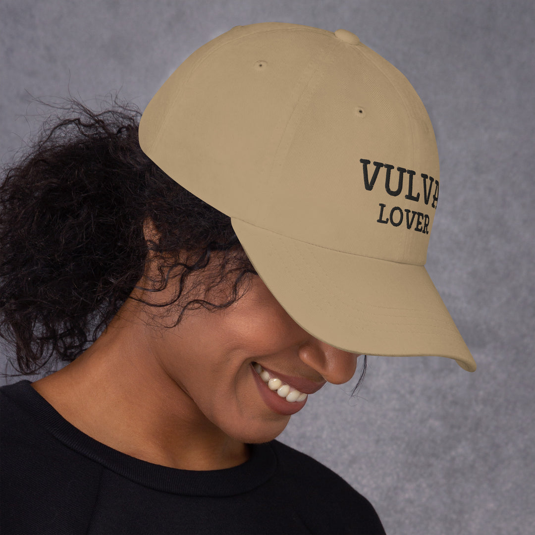 Vulva Lover Dad Cap (Black Text), khaki colorway, right side view | MOTHERLODE