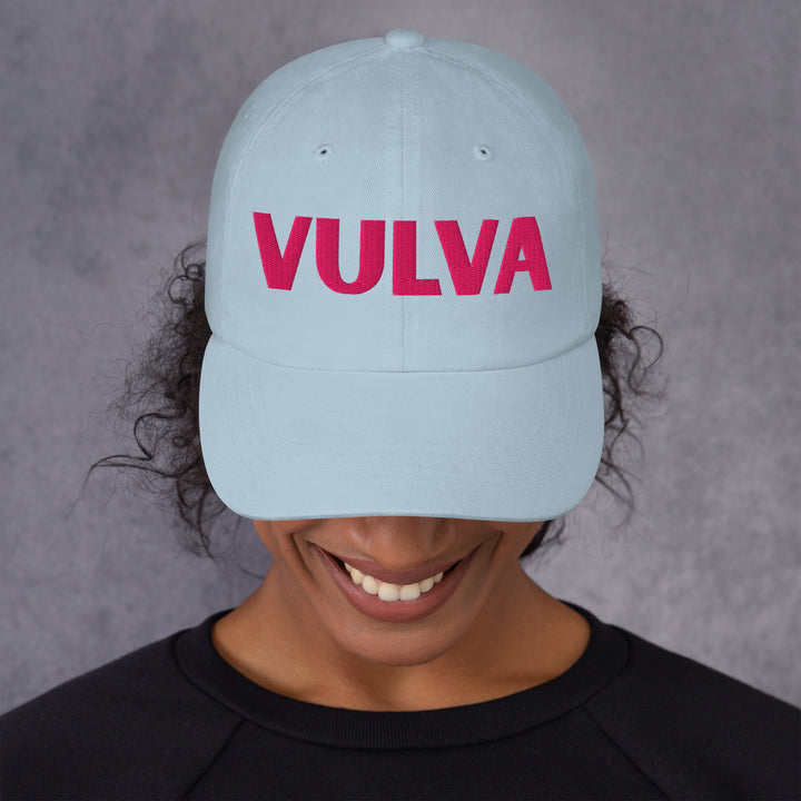 VULVA Dad Cap (Pink Text), light blue colorway, front view | MOTHERLODE