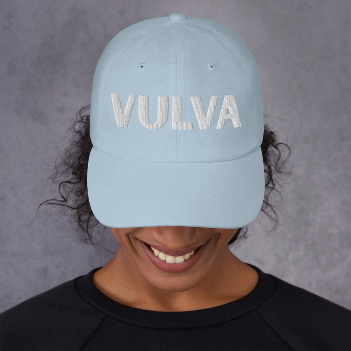 VULVA Dad Cap (White Text), light blue colorway, front view | MOTHERLODE