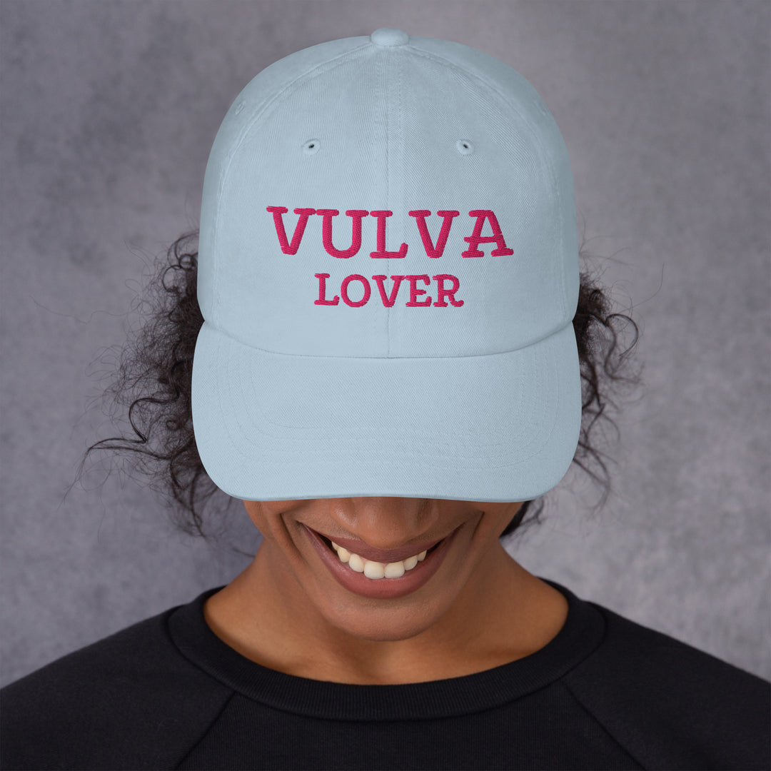 Vulva Lover Dad Cap (Pink Text), light blue colorway, front view | MOTHERLODE