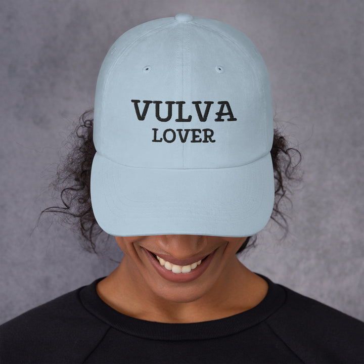 Vulva Lover Dad Cap (Black Text), light blue colorway, front view | MOTHERLODE