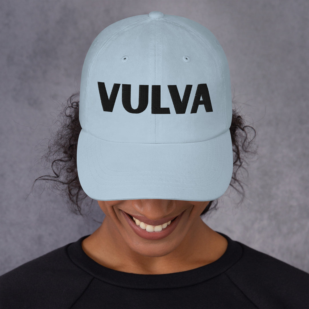VULVA Dad Cap (Black Text), light blue colorway, front view | MOTHERLODE