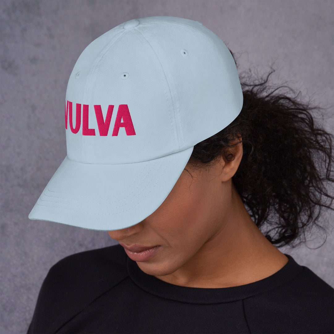 VULVA Dad Cap (Pink Text), light blue colorway, left side view | MOTHERLODE