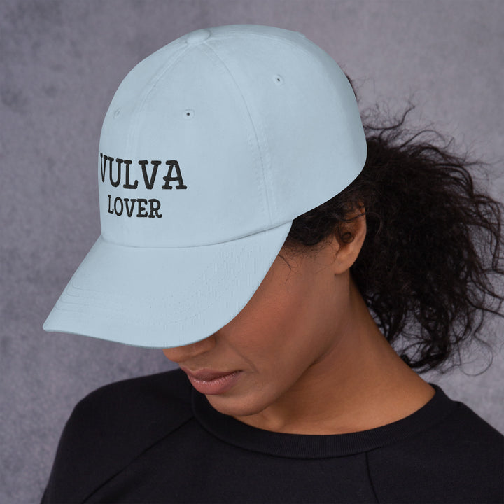 Vulva Lover Dad Cap (Black Text), light blue colorway, left side view | MOTHERLODE