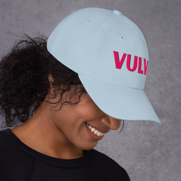 VULVA Dad Cap (Pink Text), light blue colorway, right side view | MOTHERLODE