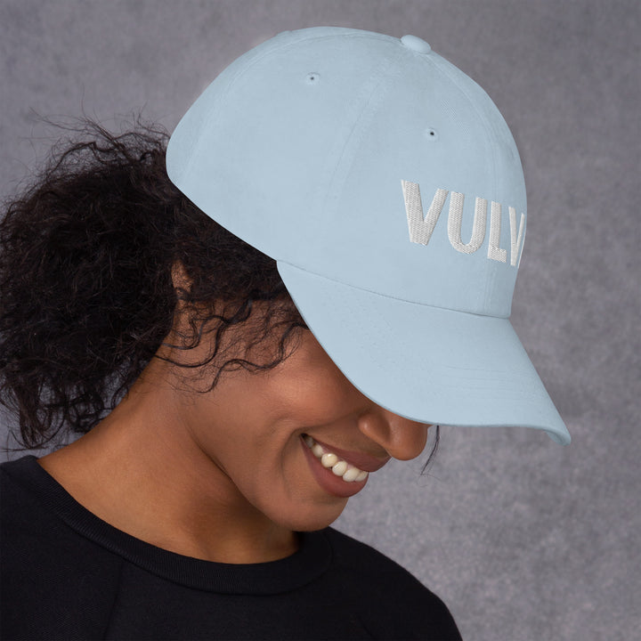 VULVA Dad Cap (White Text), light blue colorway, right side view | MOTHERLODE