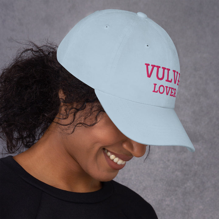 Vulva Lover Dad Cap (Pink Text), light blue colorway, right side view | MOTHERLODE