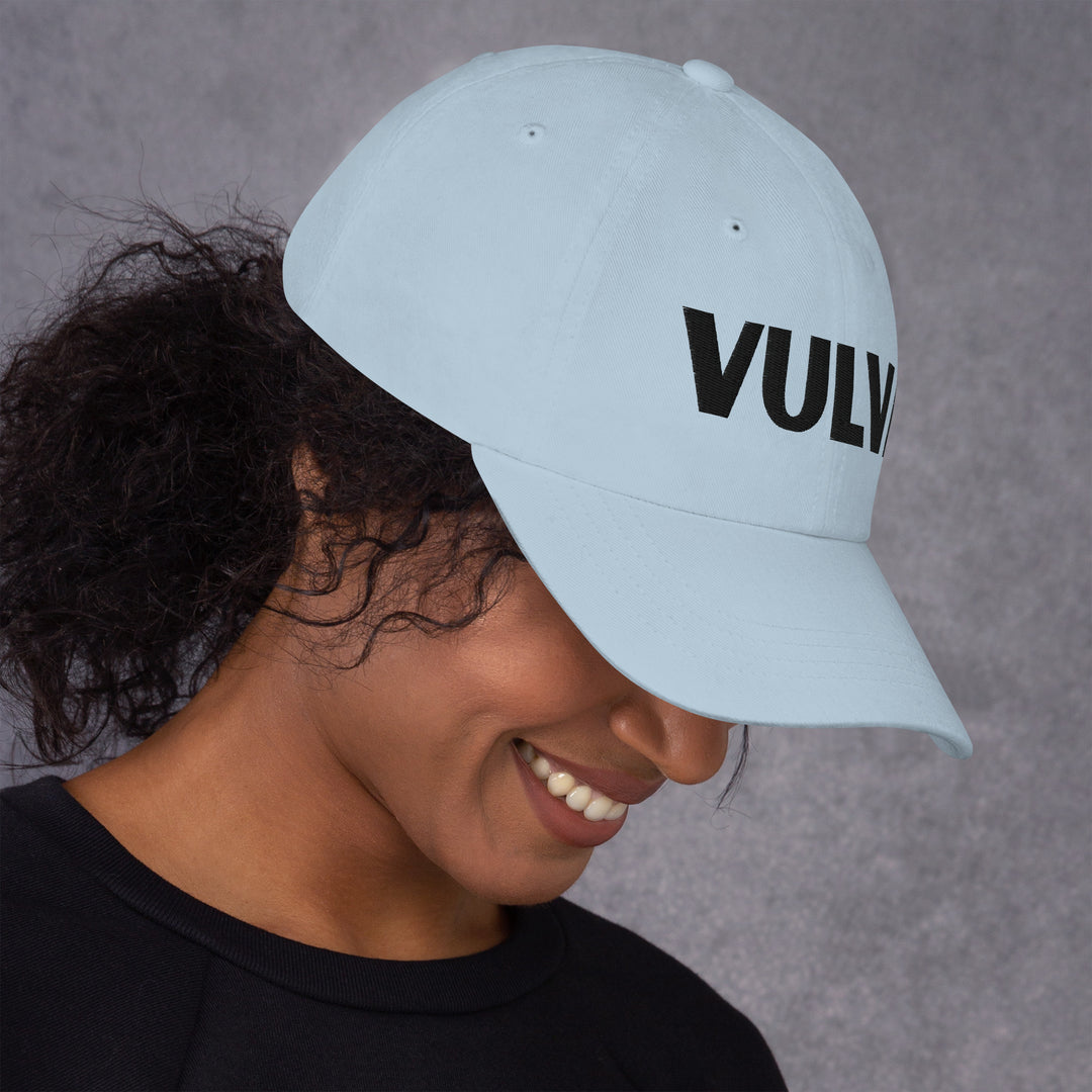 VULVA Dad Cap (Black Text), light blue colorway, right side view | MOTHERLODE