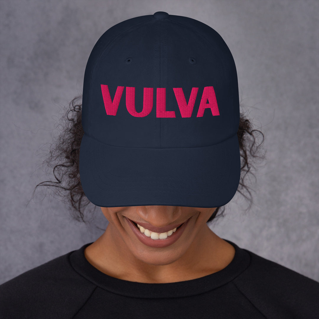 VULVA Dad Cap (Pink Text), navy colorway, front view | MOTHERLODE