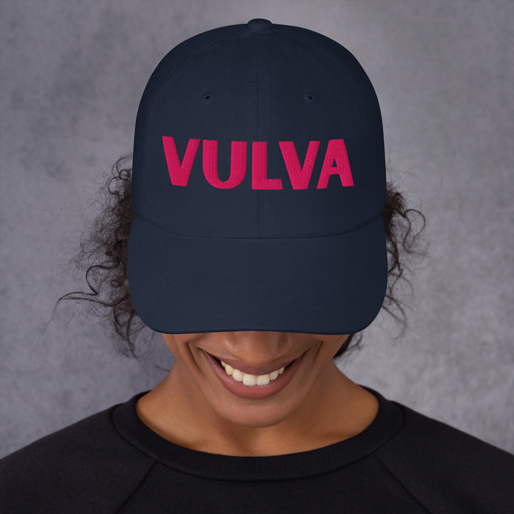 VULVA Dad Cap (Pink Text), navy colorway, front view | MOTHERLODE