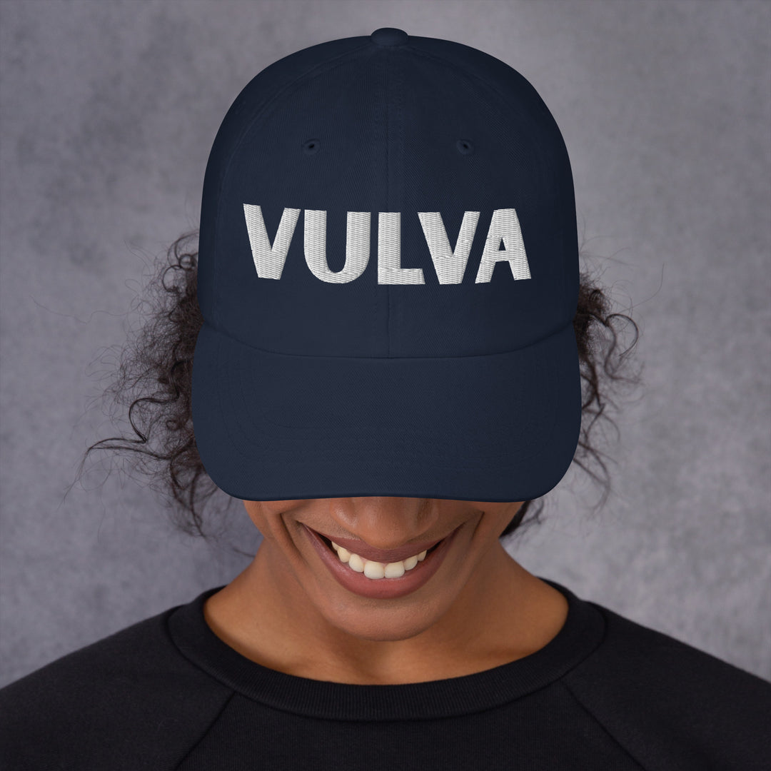 VULVA Dad Cap (White Text), navy colorway, front view | MOTHERLODE