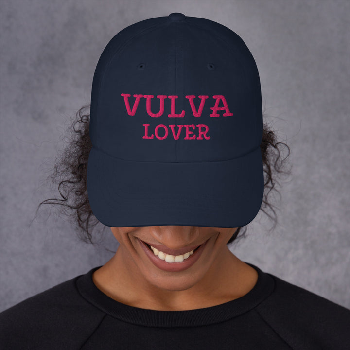 Vulva Lover Dad Cap (Pink Text), navy colorway, front view | MOTHERLODE