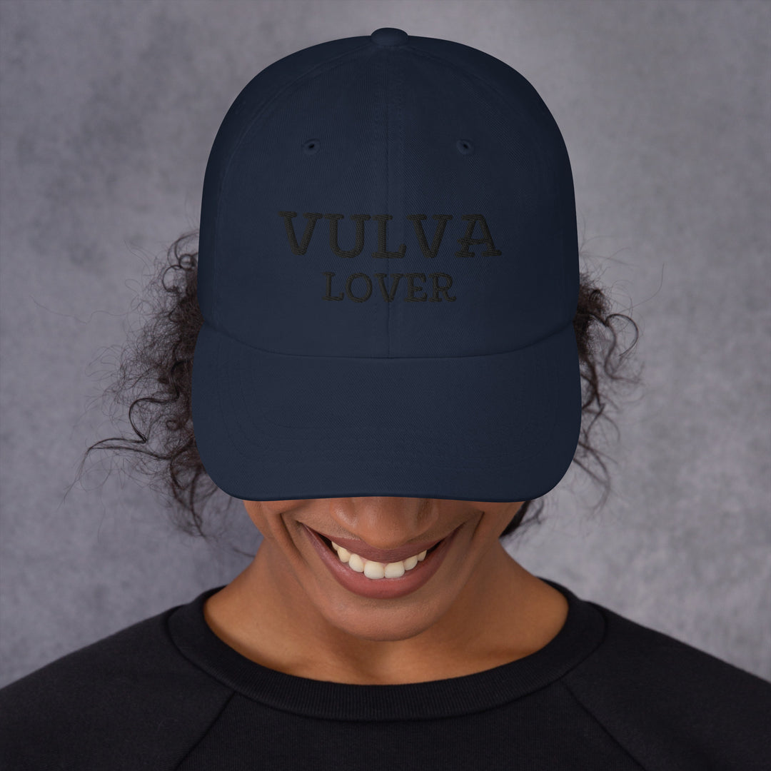Vulva Lover Dad Cap (Black Text), navy colorway, front view | MOTHERLODE