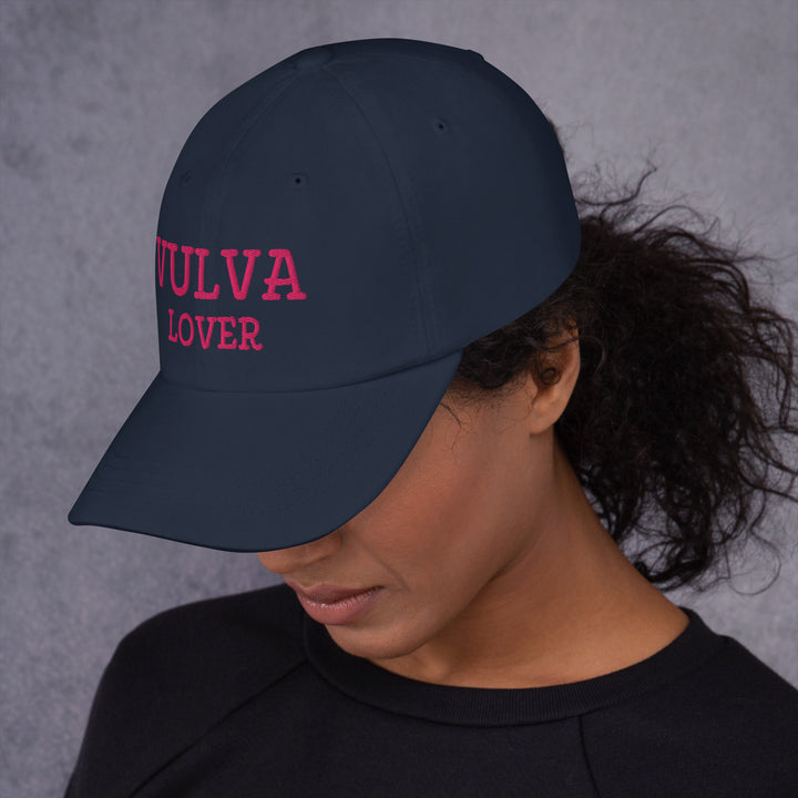 Vulva Lover Dad Cap (Pink Text), navy colorway, left side view | MOTHERLODE
