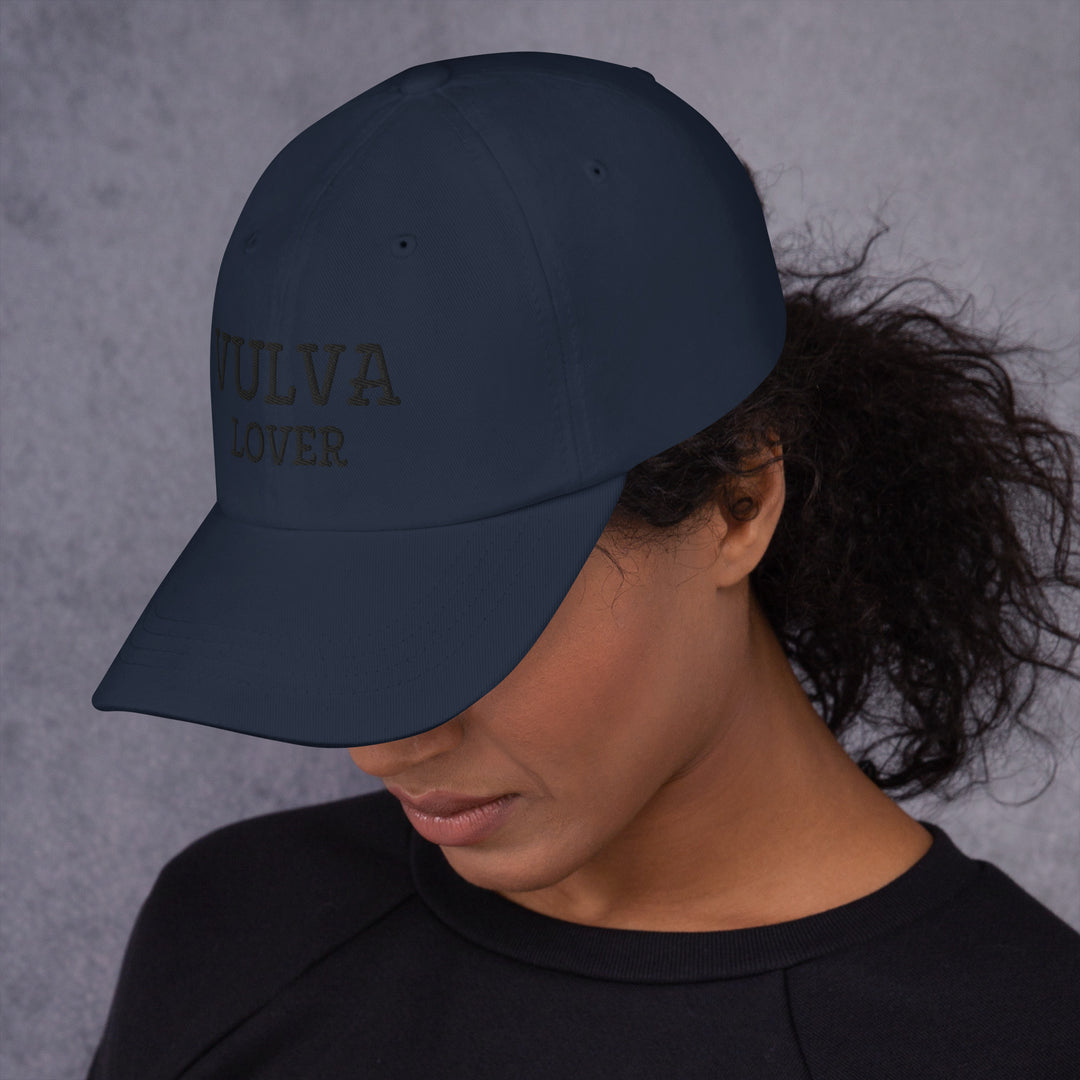 Vulva Lover Dad Cap (Black Text), navy colorway, left side view | MOTHERLODE