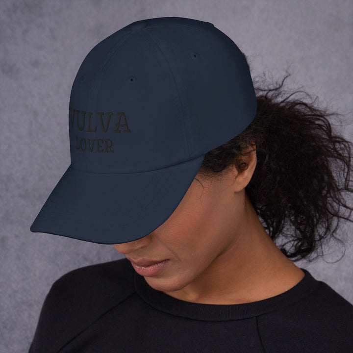 Vulva Lover Dad Cap (Black Text), navy colorway, left side view | MOTHERLODE