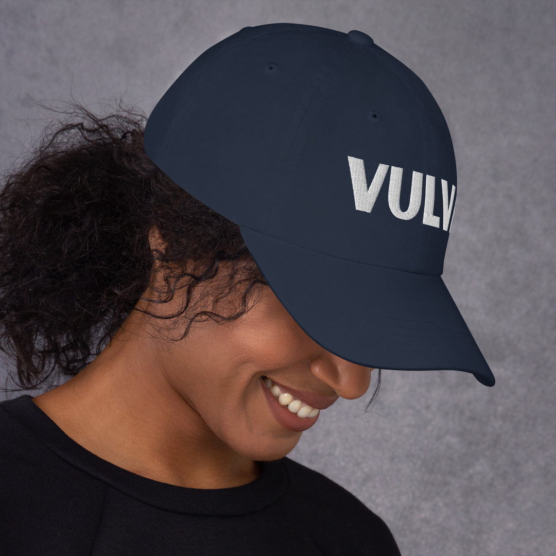 VULVA Dad Cap (White Text), navy colorway, right side view | MOTHERLODE