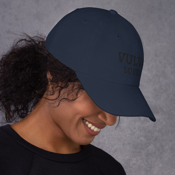 Vulva Lover Dad Cap (Black Text), navy colorway, right side view | MOTHERLODE