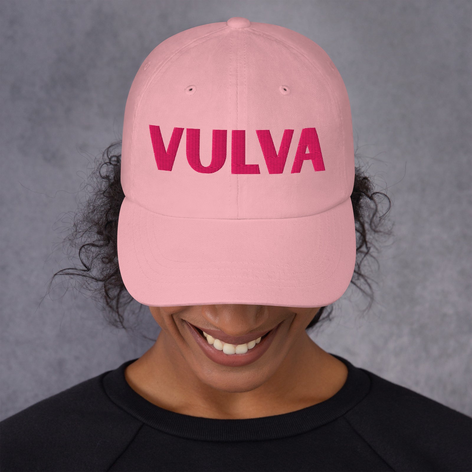 VULVA Dad Cap (Pink Text), pink colorway, front view | MOTHERLODE