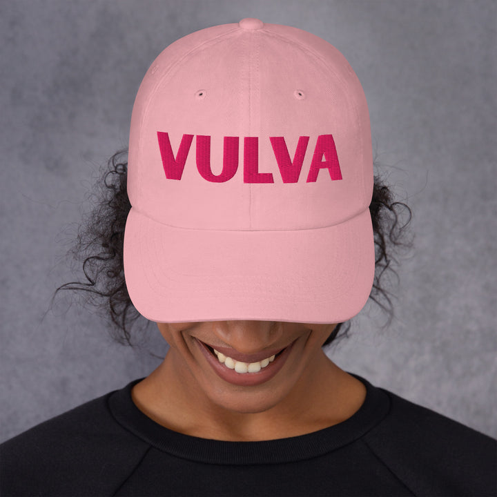 VULVA Dad Cap (Pink Text), pink colorway, front view | MOTHERLODE