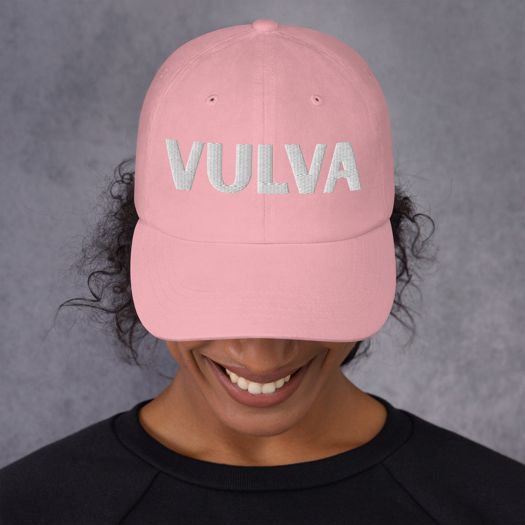 VULVA Dad Cap (White Text), pink colorway, front view | MOTHERLODE