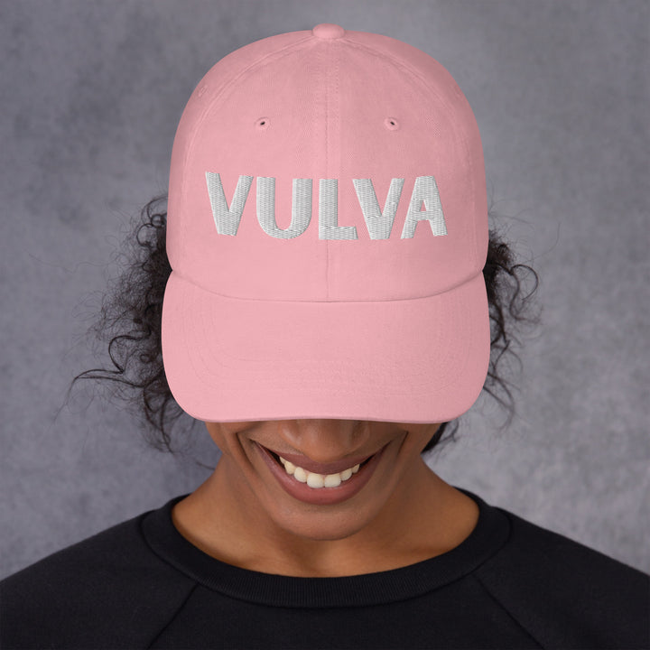 VULVA Dad Cap (White Text), pink colorway, front view | MOTHERLODE