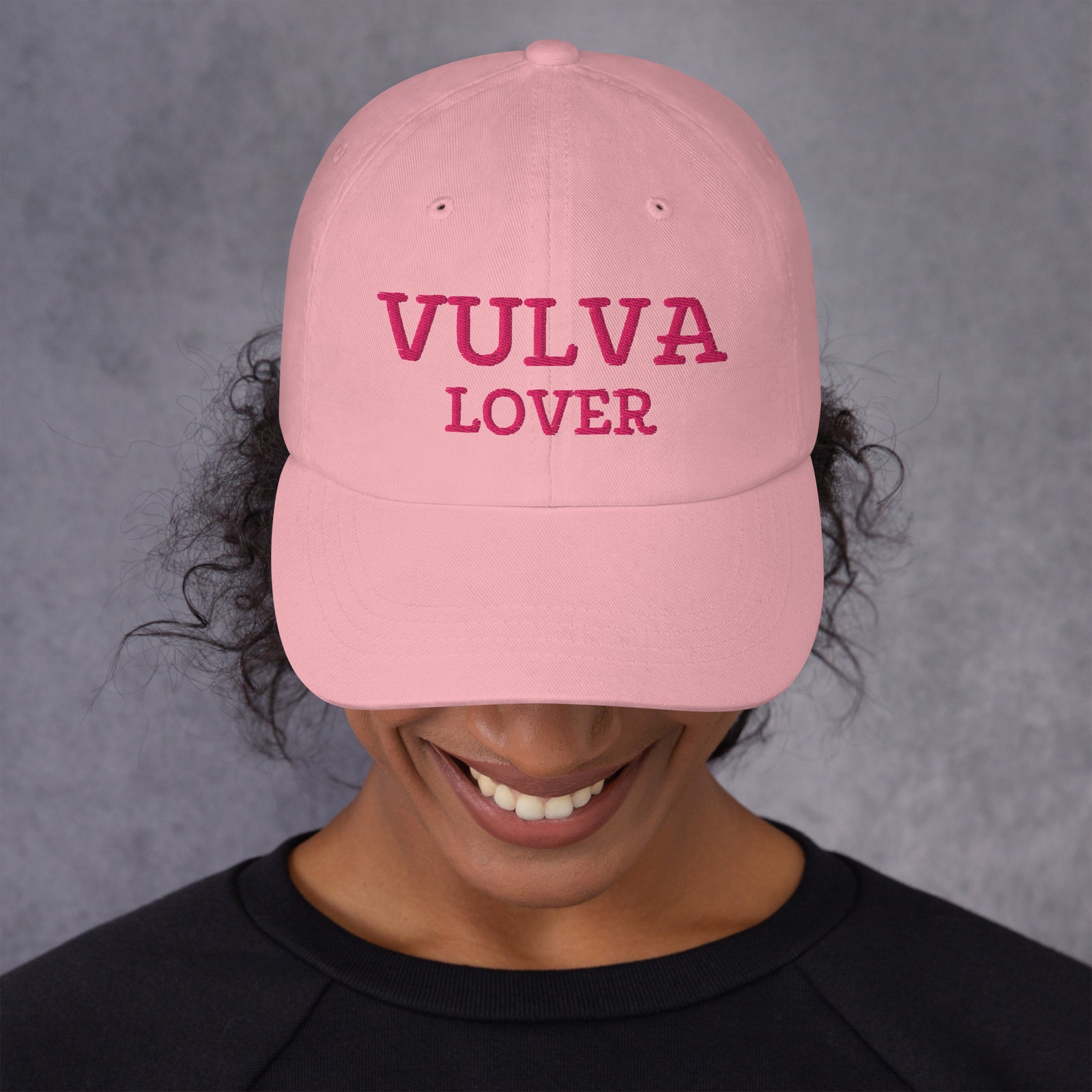 Vulva Lover Dad Cap (Pink Text), pink colorway, front view | MOTHERLODE
