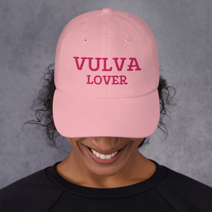 Vulva Lover Dad Cap (Pink Text), pink colorway, front view | MOTHERLODE