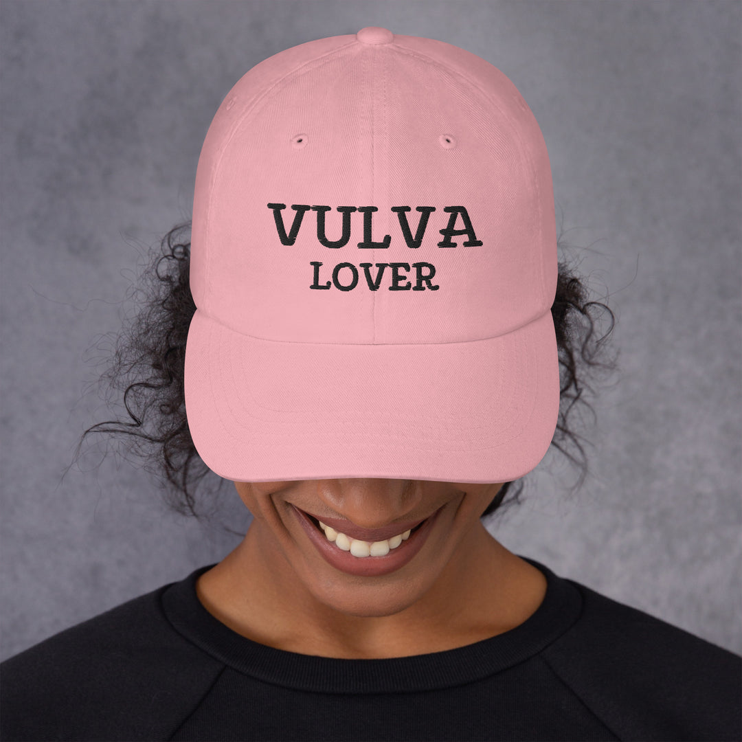 Vulva Lover Dad Cap (Black Text), pink colorway, front view | MOTHERLODE