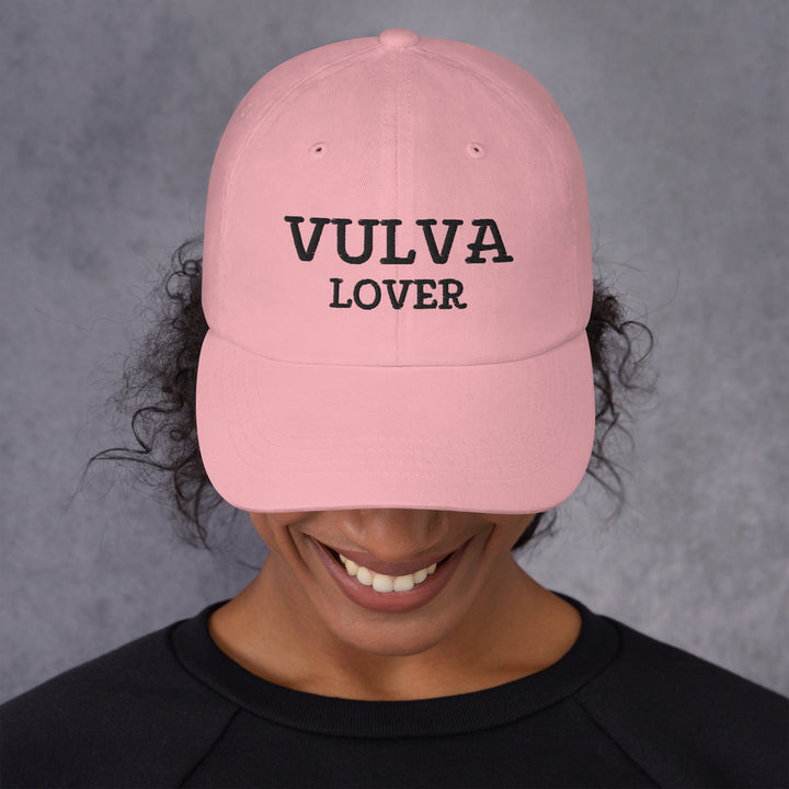 Vulva Lover Dad Cap (Black Text), pink colorway, front view | MOTHERLODE