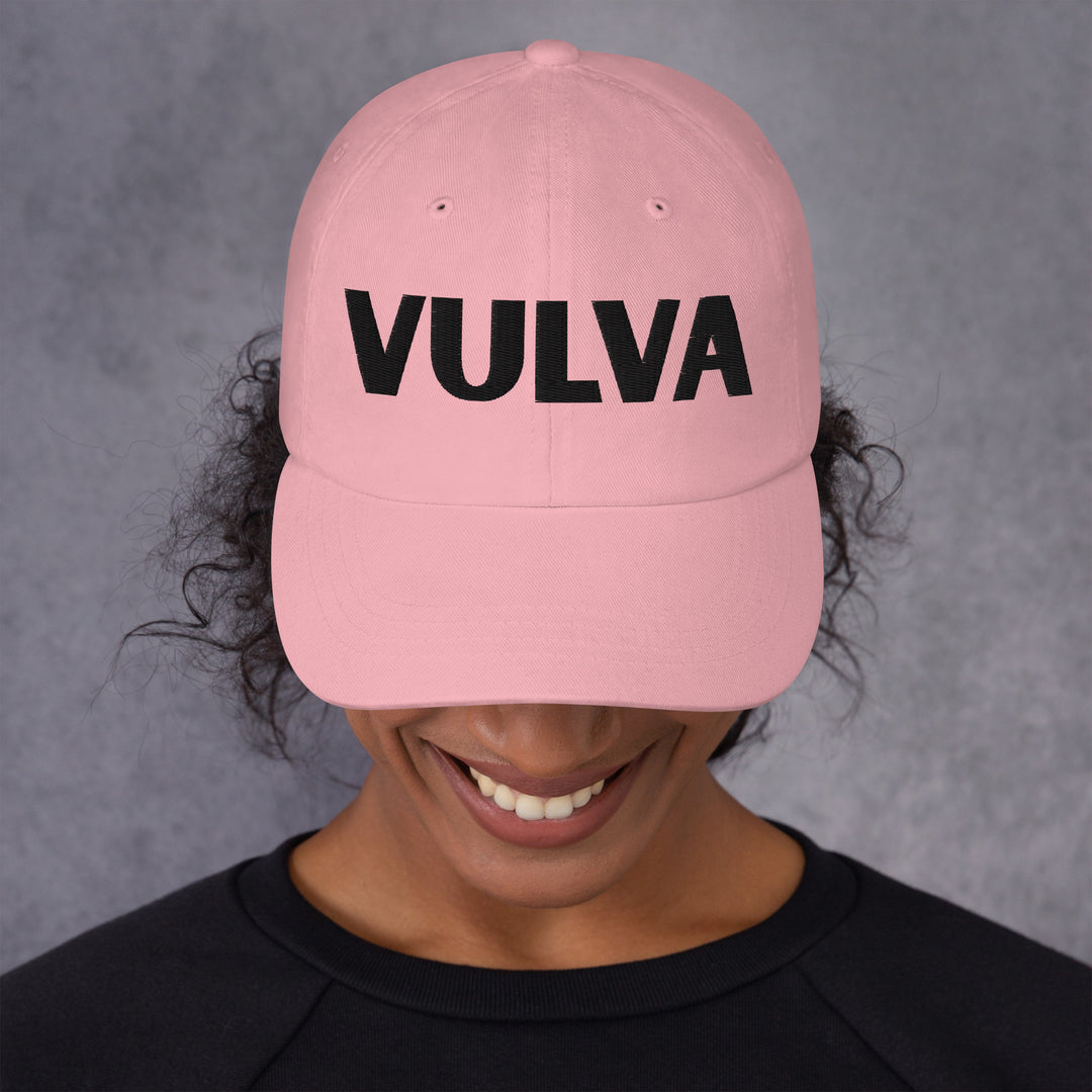 VULVA Dad Cap (Black Text), pink colorway, front view | MOTHERLODE