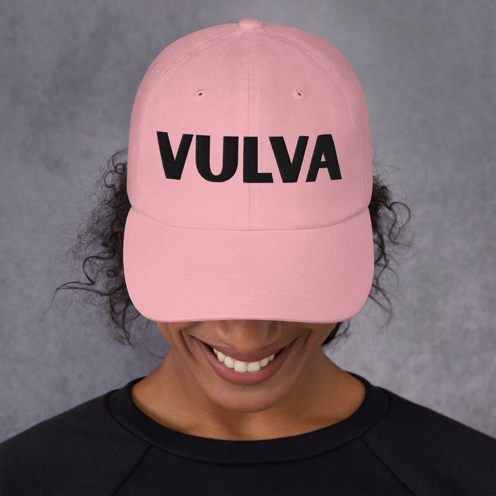 VULVA Dad Cap (Black Text), pink colorway, front view | MOTHERLODE