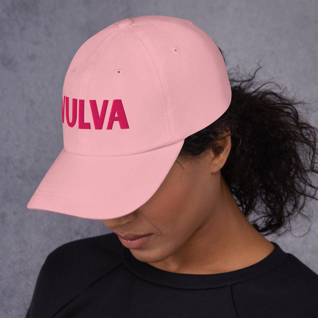 VULVA Dad Cap (Pink Text), pink colorway, left side view | MOTHERLODE