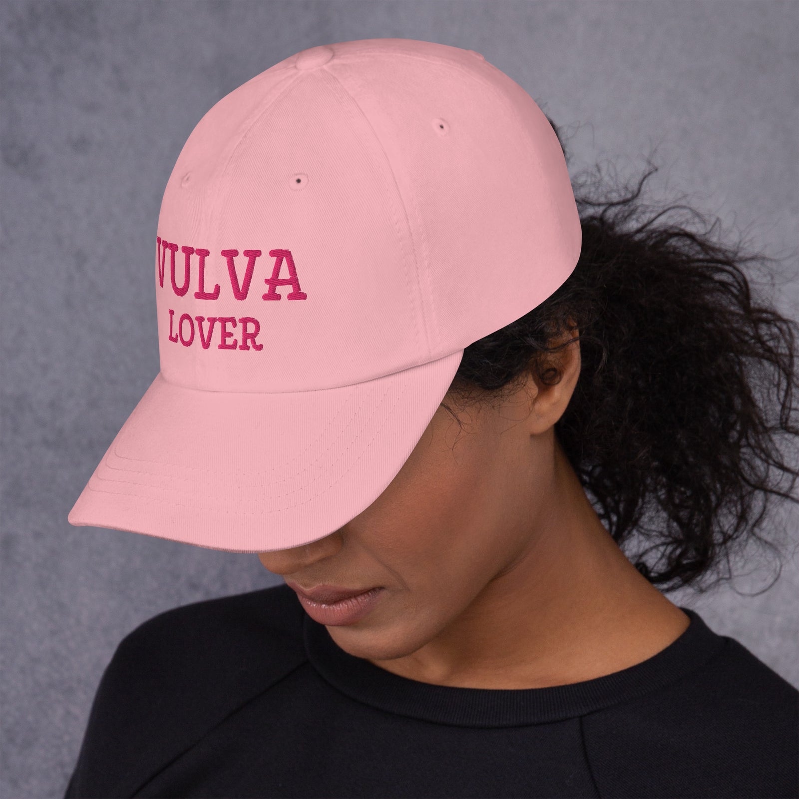 Vulva Lover Dad Cap (Pink Text), pink colorway, left side view | MOTHERLODE
