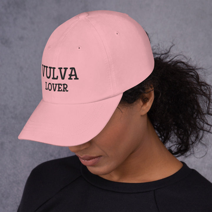 Vulva Lover Dad Cap (Black Text), pink colorway, left side view | MOTHERLODE