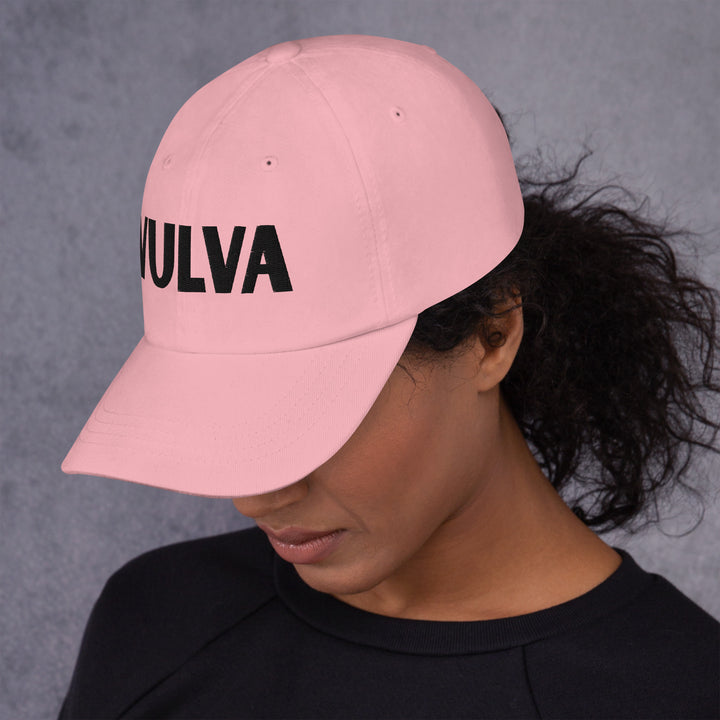 VULVA Dad Cap (Black Text), pink colorway, left side view | MOTHERLODE