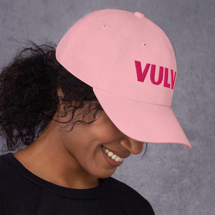 VULVA Dad Cap (Pink Text), pink colorway, right side view | MOTHERLODE
